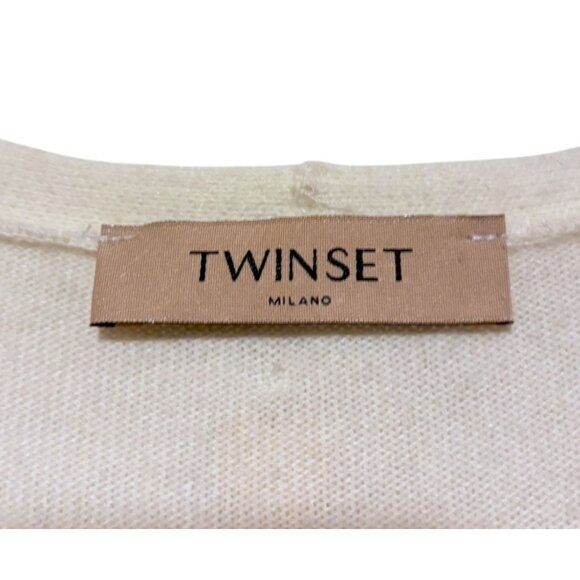 Twinset Wool Cashmere Blend Sweater L Asymmetric Ruffle Fringe Ivory Luxury - Picture 9 of 15